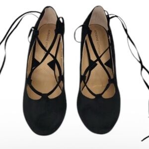 ADRIENNE VITTADINI SMILY SUEDE LACE-UP WOMEN WEDGE PUMP HELL BLACK COLOR SZ 7.5